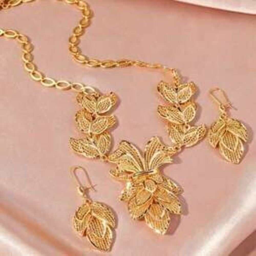 /Set Gold Plated Flower & Leaf Design Necklace And Earrings Jewelry Set, Bri Y2K